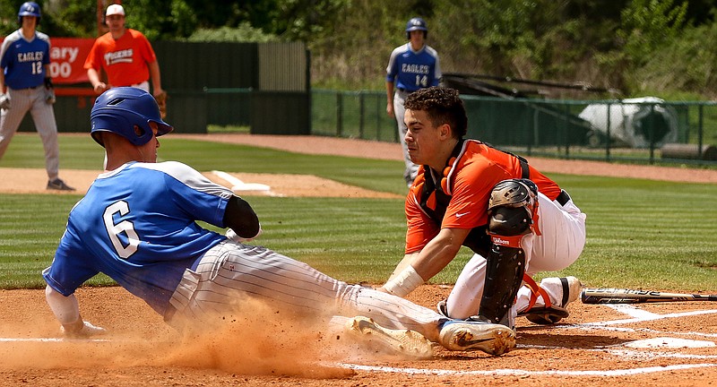 Texas High Tigers catcher Jackson Halter tags out a Lindale Eagles runner at home plate on Friday at Tiger Field in Texarkana, Texas.
