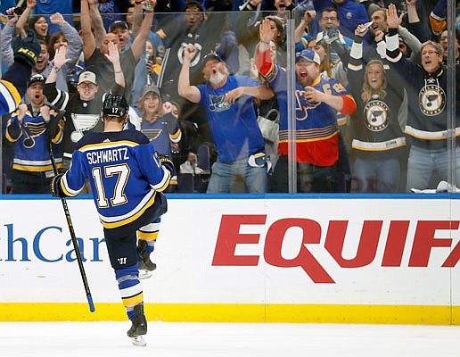 Jaden Schwartz of the Blues celebrates after scoring during the second period of Saturday night's game against the Jets in St. Louis.