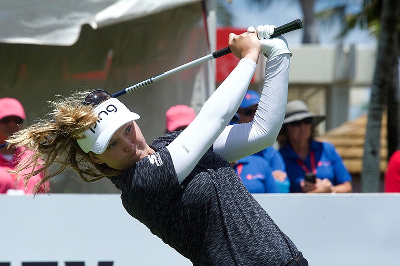 Brooke Henderson tees off on first hole during the third round of the LPGA Tour's Lotte Championship golf tournament Friday, April 19, 2019, in Kapolei, Hawaii. (Craig T. Kojima/Honolulu Star-Advertiser via AP)