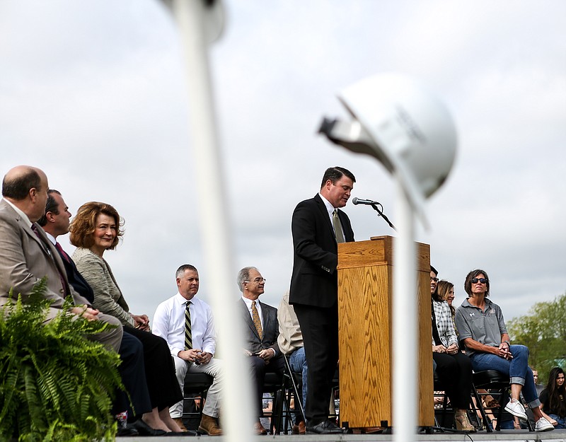 Pleasant Grove School superintendent Chad Pirtle speaks to the community about the development of the new Margaret Fischer Davis Pleasant Grove Elementary School on Monday, April 22, 2019, in Texarkana, Texas. The groundbreaking event members of the community and elementary students attend where the new school is going to be built on the corner of Galleria Oaks Street and Christus Drive.