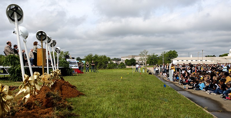 Margaret Fischer Davis speaks to the community about the development of the new Pleasant Grove Elementary School that's being named after her on Monday, April 22, 2019, in Texarkana, Texas. The groundbreaking event members of the community and elementary students attend where the new school is going to be built on the corner of Galleria Oaks Street and Christus Drive.