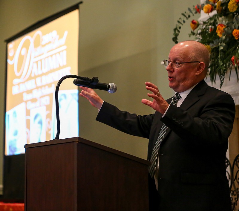 Dr. Daniel Barnette speaks about past experiences at Texas High School at the TISD Distinguished Alumni luncheon on Monday, April, 22, 2019, in Texarkana, Texas. Dr. Barnette was apart of the graduating class of 1971 and was one of the honoree along with Cary Patterson.