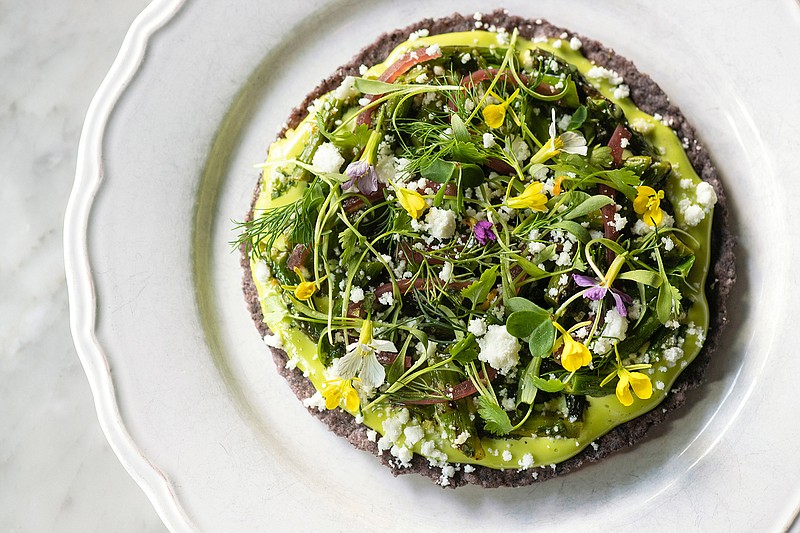 Grilled asparagus tostada at Broken Spanish in Los Angeles on April 3, 2019. (Brian van der Brug/Los Angeles Times/TNS)