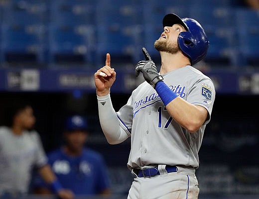 Hunter Dozier of the Royals gestures after his home run during Monday night's game against the Rays in St. Petersburg, Fla.