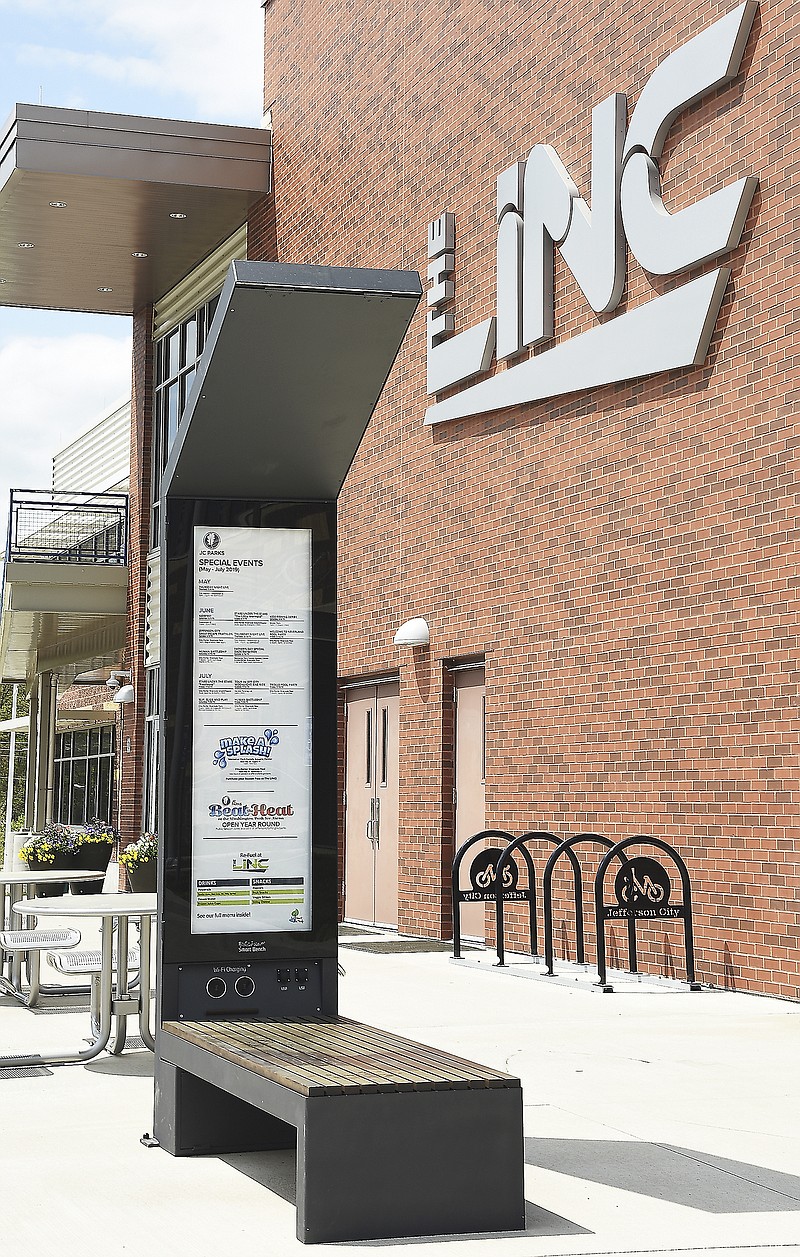 The Jefferson City Parks and Recreation Department have installed two solar benches in town, one seen here at The Linc and the other at the Lafayette Street entrance to the Greenway. The benches have a solar panel used to power two USB hubs and two WiFi rechargeable hubs.