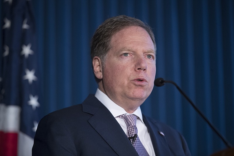 Geoffrey S. Berman, U.S. Attorney for the Southern District of New York, speaks during a news conference announcing charges against Rochester Drug Co-Operative Laurence Doud III, Tuesday, April 23, 2019, in New York. The former head of a drug distributor has been indicted on what federal prosecutors say are the first-ever criminal charges against a drug company executive stemming from the opioid crisis. (AP Photo/Mary Altaffer)