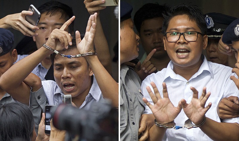 FILE - In this Sept. 3, 2018, combination file photo, Reuters journalists Kyaw Soe Oo, left, and Wa Lone, are handcuffed as they are escorted by police out of a court in Yangon, Myanmar. Myanmar's Supreme Court on Tuesday, April 23, 2019, rejected the final appeal of the two Reuters journalists and upheld seven-year prison sentences for their reporting on the military's brutal crackdown on Rohingya Muslims. They earlier this month shared with their colleagues the Pulitzer Prize for international reporting, one of journalism's highest honors. (AP Photo/Thein Zaw, File)