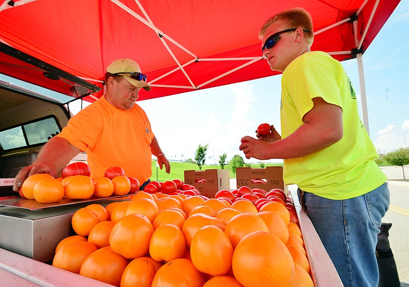 In this Aug. 10, 2018, photo, Kenny Anderson and son Dylan of Anderson's Produce arrange tomatoes at their vegetable stand, preparing for the Cole County Farmers Market at the Capital Mall.