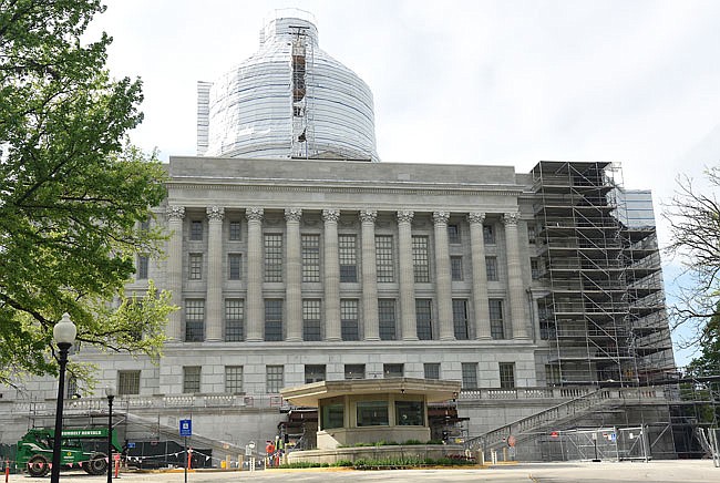 Some of the scaffolding on the northeast corner of the Capitol remains as of Thursday, but most has been taken down to be reassembled on the opposite side of the building. Progress is being made as evidenced by the removal of scaffolding on the southeast and east sides of the building so it can be moved and erected on the southwest and west sides of the Capitol.