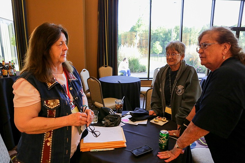 Percilla Newberry, the Texas State Council president of the Association of Vietnam Veterans of America, speaks to people on Friday at the Texarkana, Texas, Convention Center.