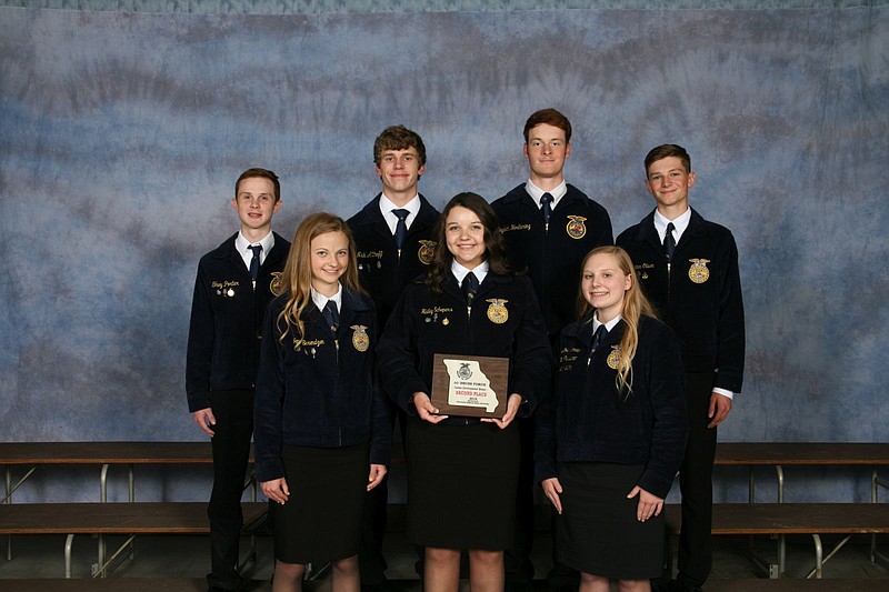 From the California FFA Chapter, in front from left, Jenna Berendzen, Hailey Schepers and Peyton Niemeier. Back row from left, Trey Porter, Nick Althoff, Hayden Hoellering and Hunter Olliver. (Missouri FFA Convention photo)