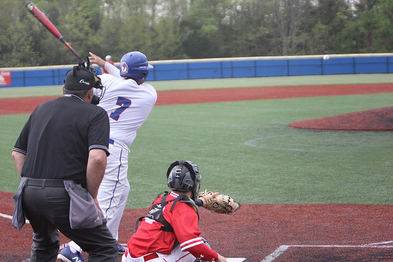 Kraig Walker gets a hit during California's 7-2 win over Harrisburg, April 25, 2019.