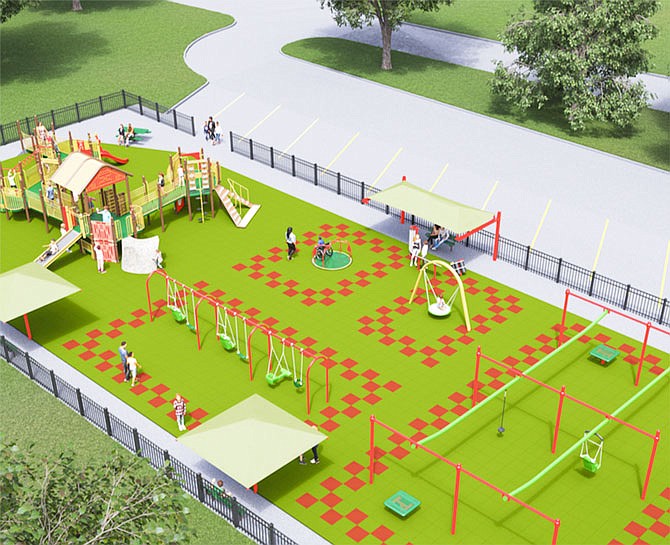 A proposed playground in Linn is depicted in this artists' rendering. Suitable for children with disabilities, the playground would feature a spongy surface with ramps, specialized seating and high-back swings, among other items.