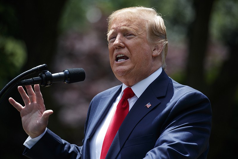 President Donald Trump speaks during the presentation of the Commander-in-Chief's Trophy to the U.S. Military Academy at West Point football team, in the Rose Garden of the White House, Monday, May 6, 2019, in Washington. (AP Photo/Evan Vucci)
