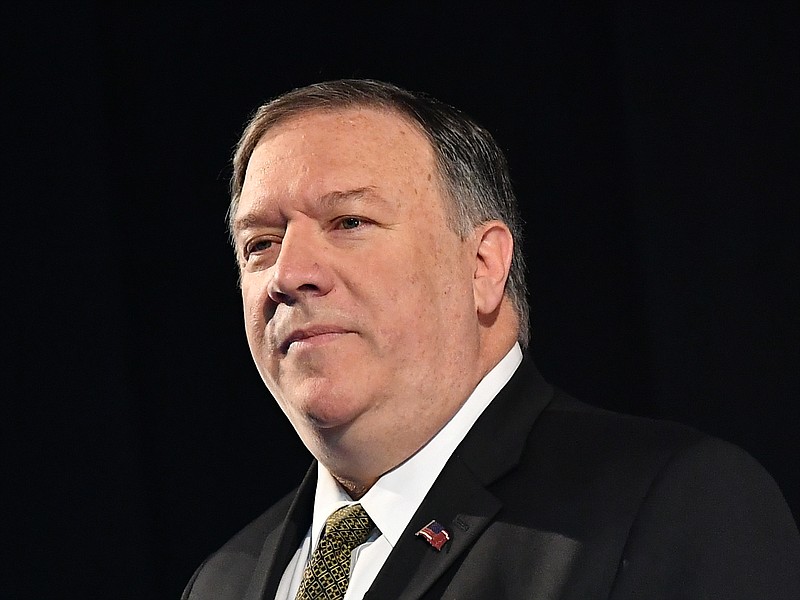 Secretary of State Mike Pompeo speaks on Arctic policy at the Lappi Areena in Rovaniemi, Finland, Monday, May 6, 2019. Pompeo is in Rovaniemi to attend the Arctic Council Ministerial Meeting.  (Mandel Ngan/Pool photo via AP)