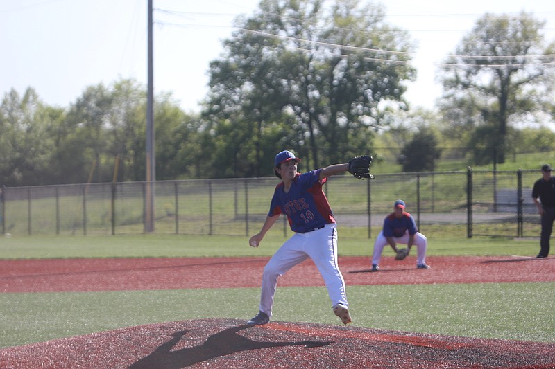 Braeden Birdsong throws a pitch May 6 during California's 9-0 loss to Blair Oaks.