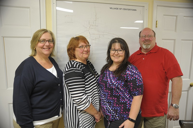 The Centertown Board of Trustees reorganized at its April 30 board meeting. Trustees are paid $10 per meeting and serve two-year terms. Pictured, from left, are trustee Shelly Kempf, Chairman Pro Tem Celine Whitaker, trustee Heather Hunger and Chairman Adam Brown. Not photographed is trustee Paula Hinshaw.