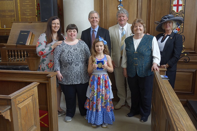Pictured, from left, are members of the late David Stinson family: Laura and Katy Stinson, daughters of John Stinson (son, not pictured); David Stinson, son and Fulton resident; Gracelyn, daughter of Laura and great-granddaughter); Steve Stinson, son; Connie Stinson, daughter; and Becca (Steve) Stinson.