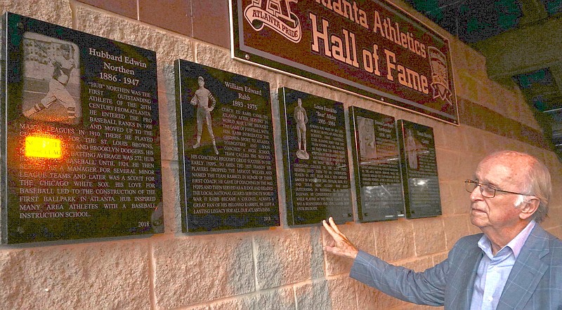 Butch Owen is looking at his grandfather Hub Northen's plaque and those of the other four chosen in September 2018 for induction into the first Atlanta Athletics Hall of Fame.