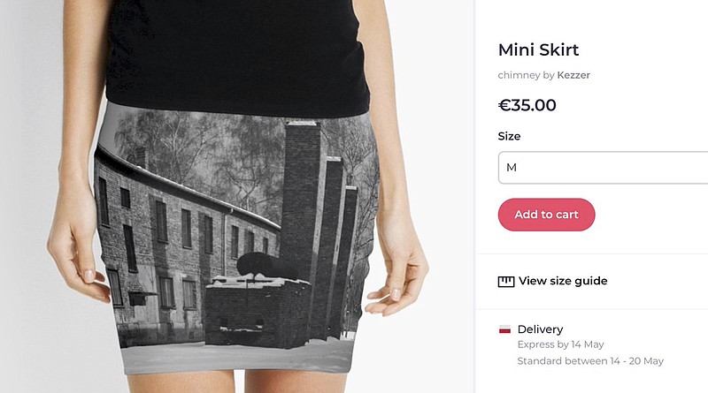 A screen grab made Wednesday May 8, 2019 from the site of an online vendor showing an Auschwitz themed product for sale. Museum authorities at the Auschwitz-Birkenau former Nazi German death camp in Poland have protested to an online vendor that was selling miniskirts, pillows and other items bearing photos of the camp, where some 1.1 million people were killed during World War II. (Photo via AP)