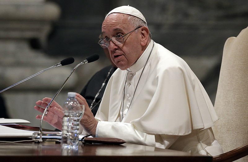 Pope Francis speaks during a meeting with the dioceses of Rome, at the Vatican Basilica of St. John Lateran, in Rome, Thursday, May 9, 2019. (AP Photo/Alessandra Tarantino)