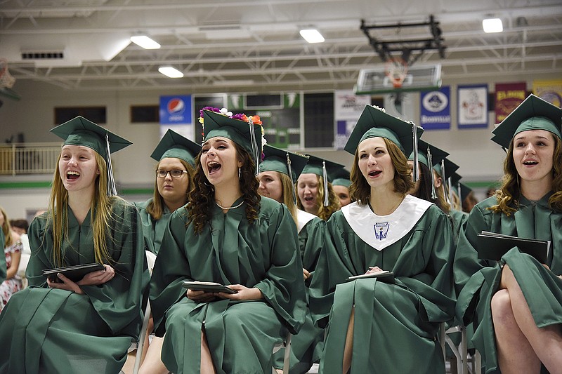 Graduates of Blair Oaks High School chant "We are Blair Oaks" at the end of their commencement ceremony Sunday in Blair Oaks High School gymnasium. The chant was lead by class president Brayden Langendoerfer.