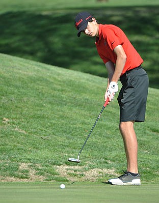 Michael Davidson of Jefferson City rolls a putt toward the hole during the Capital City Invitational earlier this year at Meadow Lake Acres Country Club. Davidson will begin play in the Class 4 state championships starting today in Bolivar.