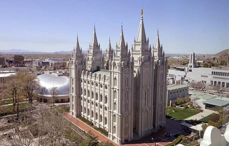 FILE - In this April 18, 2019, file photo, shows the Salt Lake Temple, in Salt Lake City. The Church of Jesus Christ of Latter-day Saints came out Monday, May 13, 2019, against a comprehensive nondiscrimination bill that faces long odds in Congress, saying the legislation doesn't "meet the standard of fairness for all" because it would strip key religious freedom protections. (AP Photo/Rick Bowmer, File)