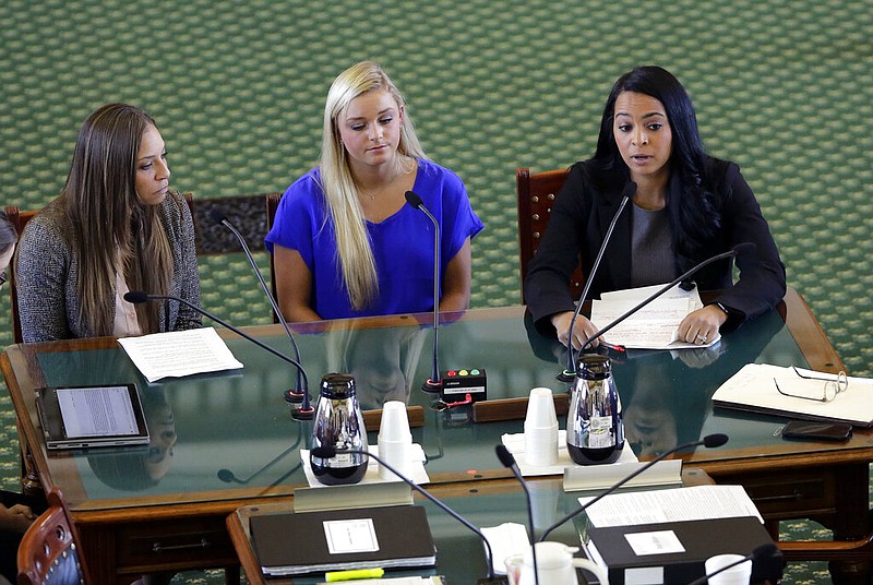 Former gymnasts Jordan Schwikert, left, Amy Baumann, center, and Tasha Schwikert, right, take part in a hearing about the statute of limitations child sex abuse victims have to sue their abusers, Monday, May 13, 2019, in Austin, Texas. In Texas, lawmakers quietly removed a bill's provision allowing child sex abuse victims to sue institutions and are now shielding the very groups that lobbied them to do so. 