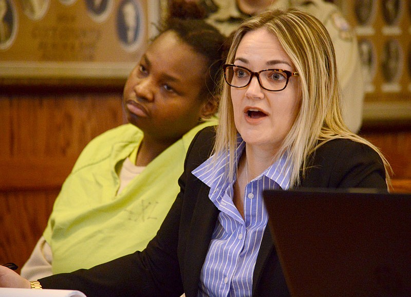 In this March 21, 2019 file photo, public defender Taylor Elswick represents her client Quatavia Givens in Cole County court during Givens bond hearing. Givens has been accused in the death of 4-year-old Darnell Gray. 