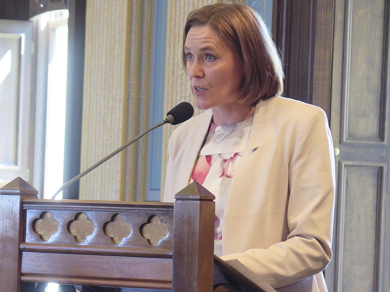 State Sen. Winnie Brinks, D-Grand Rapids, speaks in opposition to anti-abortion legislation on Tuesday, May 14, 2019, at the Capitol in Lansing, Mich. Democratic Gov. Gretchen Whitmer vows to veto the bills. (AP Photo/David Eggert)