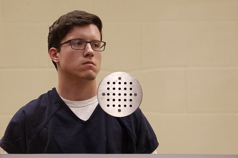 FILE - In this April 30, 2019 file photo John T. Earnest appears for his arraignment hearing in San Diego. The 19-year-old suspect in the fatal shooting at a Southern California synagogue is scheduled to make his first court appearance Tuesday, May 14, 2019, on federal hate crime charges. (Nelvin C. Cepeda/The San Diego Union-Tribune via AP, Pool, File)