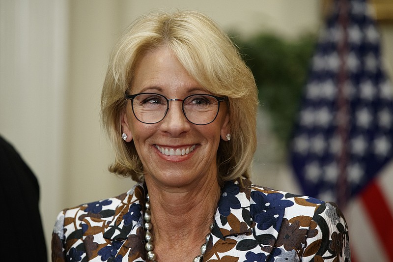 FILE - In this May 3, 2017, file photo Education Secretary Betsy DeVos speaks during a school choice event in the Roosevelt Room of the White House in Washington. Education advocates say a Trump administration plan to use federal Pell Grant money to fund space exploration would jeopardize aid for future college students and could trigger a budgeting crisis within a few years. (AP Photo/Evan Vucci, File)