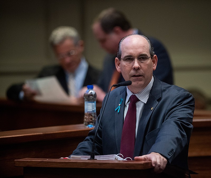 Sen. Clyde Chambliss speaks as debate on HB314, the near-total ban on abortion bill, is held in the senate chamber in the Alabama Statehouse in Montgomery, Ala., on Tuesday May 14, 2019. Alabama lawmakers are expected to vote on a proposal to outlaw almost all abortions in the state, a hardline measure that has splintered Republicans over its lack of an exception for pregnancies resulting from rape or incest. Rep. Collins is the sponsor of the bill. (Mickey Welsh/Montgomery Advertiser via AP)