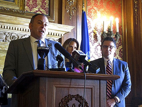 Wisconsin Democratic Assembly Minority Leader Gordon Hintz speaks against a Republican-backed "born alive" abortion bill as fellow Democrats, left to right, Rep. Chris Taylor and Rep. Evan Goyke, watch Wednesday, May 15, 2019, in Madison, Wis. The Assembly was voting Wednesday on a bill requiring doctors to keep alive babies born after a failed abortion.