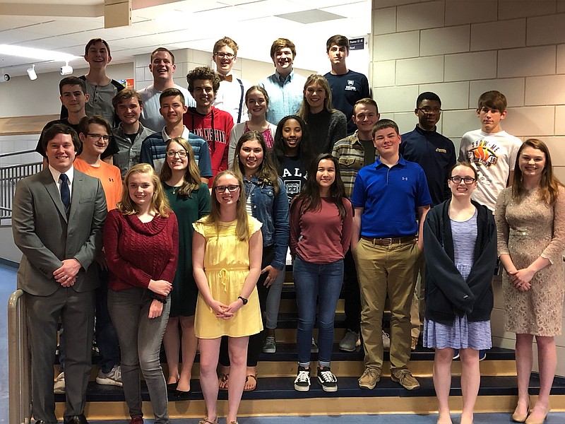 <p>Submitted photo</p><p>The Helias Catholic High School Scholar Bowl team consists of, top row from left, Aaron Sackman, Jim Donovan, Gabe Borgmeyer, Lucas Wolters and Jacob Schepers; second row from left, Cole Jaegers, Troy Ludwig, Will Grothoff, Cameron Haake, Grace Hollaway, Bianca Davis, Kennedy Voss, Jake Hoelscher, Daniel Nzoiwu and Matt Schepers; third row from left, Nick Pickett, Veronica Worthen, Morgan Stoll, Stephanie Dallmeyer and Lee Hollaway; and front row from left, Coach Nick Reed, Natalie Landwehr, Madalynn Berkey, Mary Worthen and Coach Hannah Reed.</p>