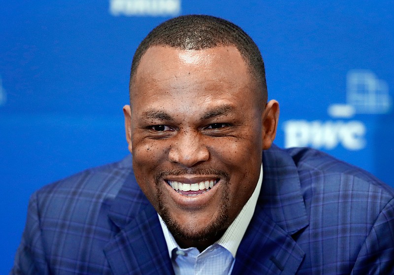 Retired MLB baseball player Adrian Beltre responds to questions at a news conference during the SMU Athletic Forum in Dallas, Wednesday, May 15, 2019. (AP Photo/Tony Gutierrez)