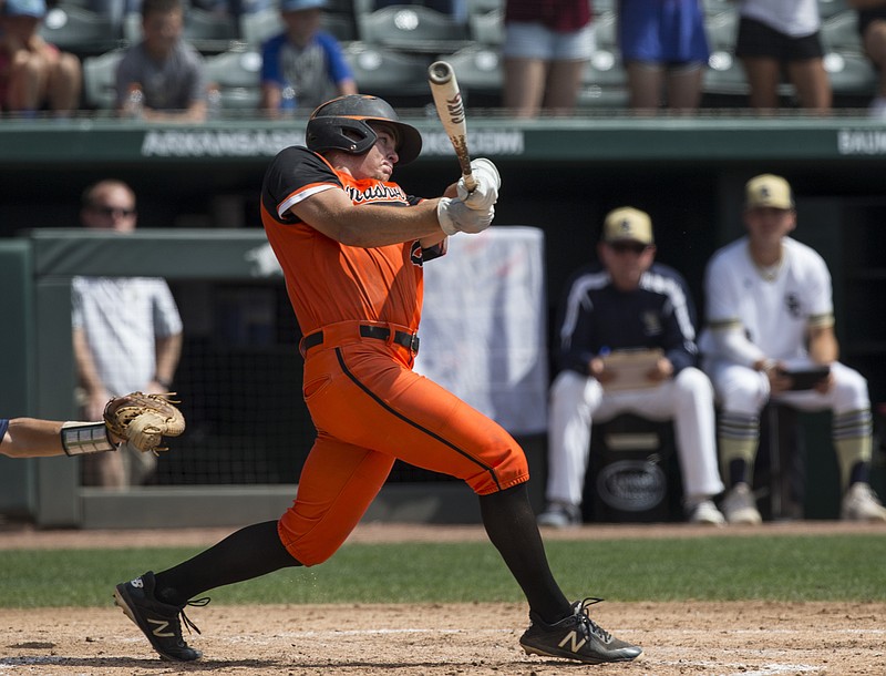 Nashville first baseman Ty Gordon hits a double to bring in a run against Shiloh Christian on May 19, 2018, during the Class 4A baseball state championship at Baum Stadium. Gordon, a sophomore, is part of the pitching lineup Friday, as the Scrappers seek to defend their title. (NWA Democrat-Gazette)
