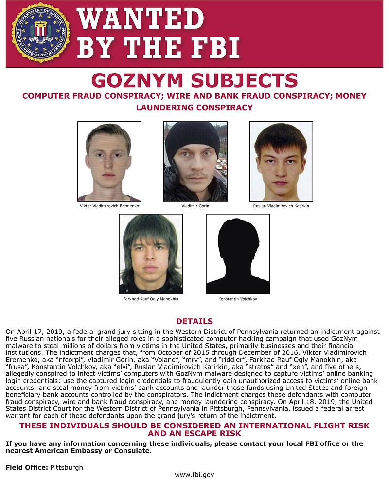 This undated poster released by the FBI includes five Russian fugitives that have been charged in connection with malicious software attacks that infected tens of thousands of computers worldwide and caused more than $100 million in financial losses. (FBI Pittsburgh Field Office via AP)