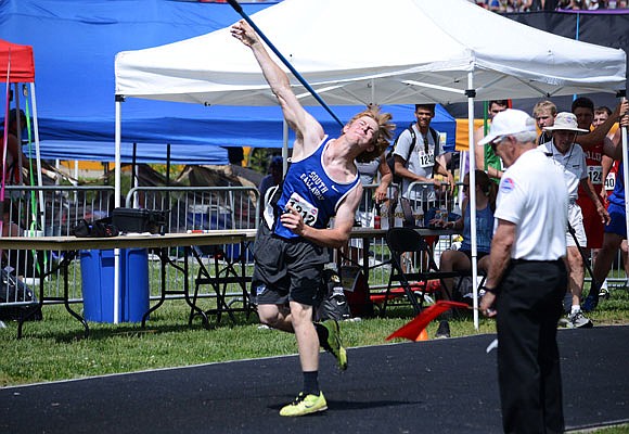 Nick Mealy of South Callaway throws the javelin Friday in the Class 2 state track and field championships at Adkins Stadium. Mealy won the state title in the event.