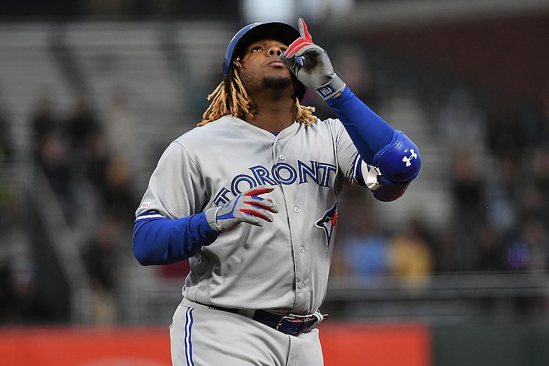 Vladimir Guerrero Jr. of the Toronto Blue Jays reacts after hitting a single in the second inning against the San Francisco Giants at Oracle Park in San Francisco on May 14, 2019. (Robert Reiners/Getty Images/TNS)