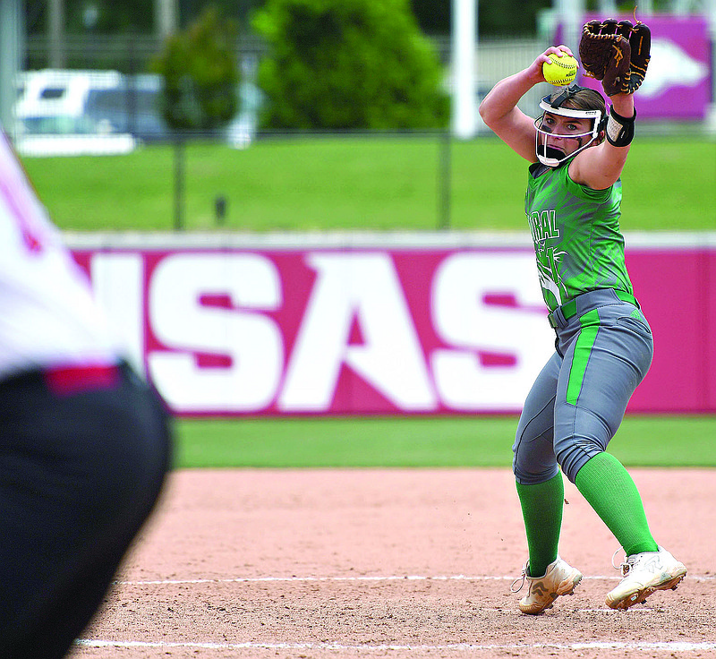 Genoa Central's Raegan Keith pitches against Rose Bud Monday May 20, 2019 during the Class 3A State Softball Championship at Bogle Park at the University of Arkansas in Fayetteville. Rose Bud won 7-3.