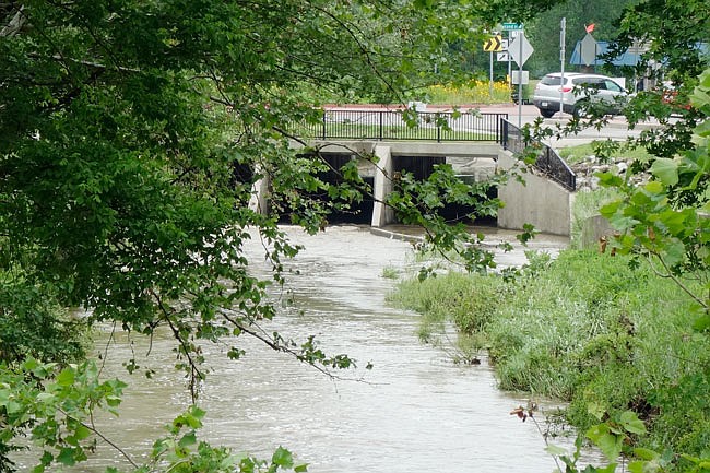 Stinson and other creeks were on the rise Tuesday as upstream storms filled tributaries. Lightning-filled storms took over the sky Monday night and more severe weather was predicted Tuesday.