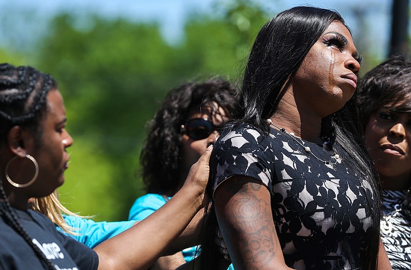 Muhlaysia Booker speaks April 20, 2019, during a rally in Dallas. Booker, a transgender woman seen on a widely circulated video being beaten on April 12 in front of a crowd of people, was found dead Saturday, May 18, 2019, in a Dallas shooting. No suspect has been identified.