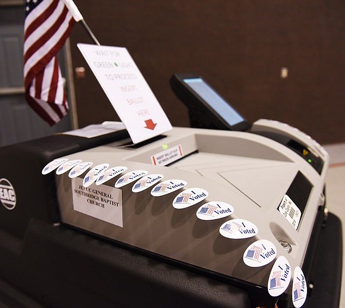 This News Tribune file photo shows a Cole County ballot machine during voting on April 4, 2017, at Southridge Baptist Church in Jefferson City.