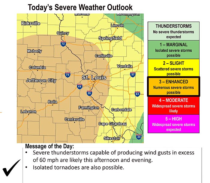 This National Weather Service graphic warns of an enhanced possibility of severe thunderstorms developing throughout Mid-Missouri during the afternoon and evening hours of Tuesday, May 21, 2019.