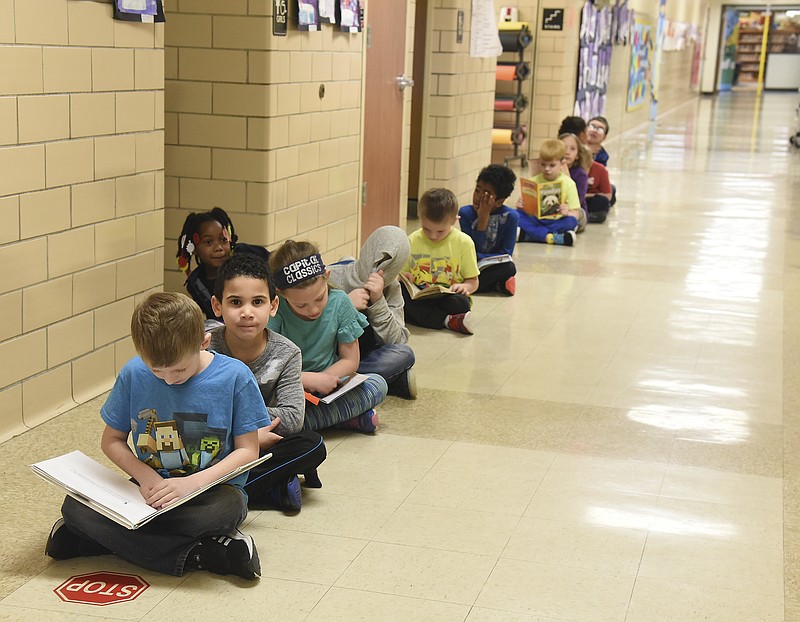 Students in Maria Reece's first grade class at Moreau Heights Elementary School wait quietly in the hallway for their turn to use the restroom. Although Moreau Heights was not specifcally named, based on a new architectural report, several elementary schools in the Jefferson City Public Schools district are facing overcrowding. 