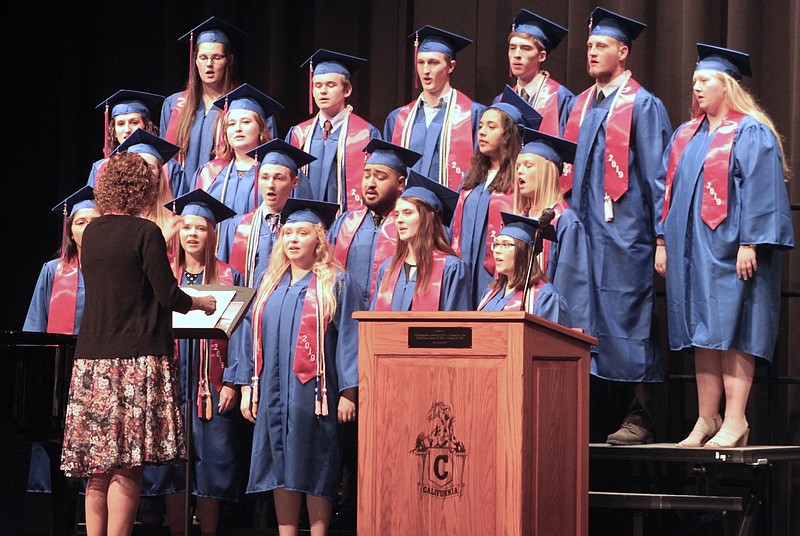 The California senior choir offers special music through the song, "My Prayer for You," May 15, 2019, at the  Baccalaureate Service at the performing arts center.