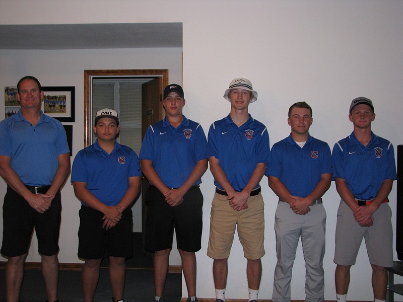 <p>Courtesy of Courtney Cassil</p><p style="text-align:right;">The California golf team had its banquet May 20. The varsity team is, front row left to right, Coach Doug Miller, Enoch Dunnaway, Kyle Kirksey, Jordon Geiser, Chris Cassil and Jordan Bondurant.</p>