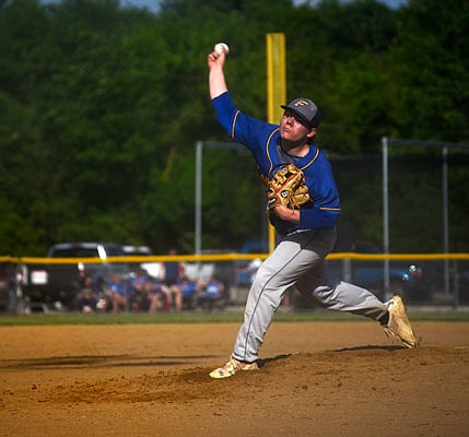 Fatima's Josef Keilholz delivers a pitch during the third inning of Wednesday's Class 3 quarterfinal game against Ava in Westphalia.